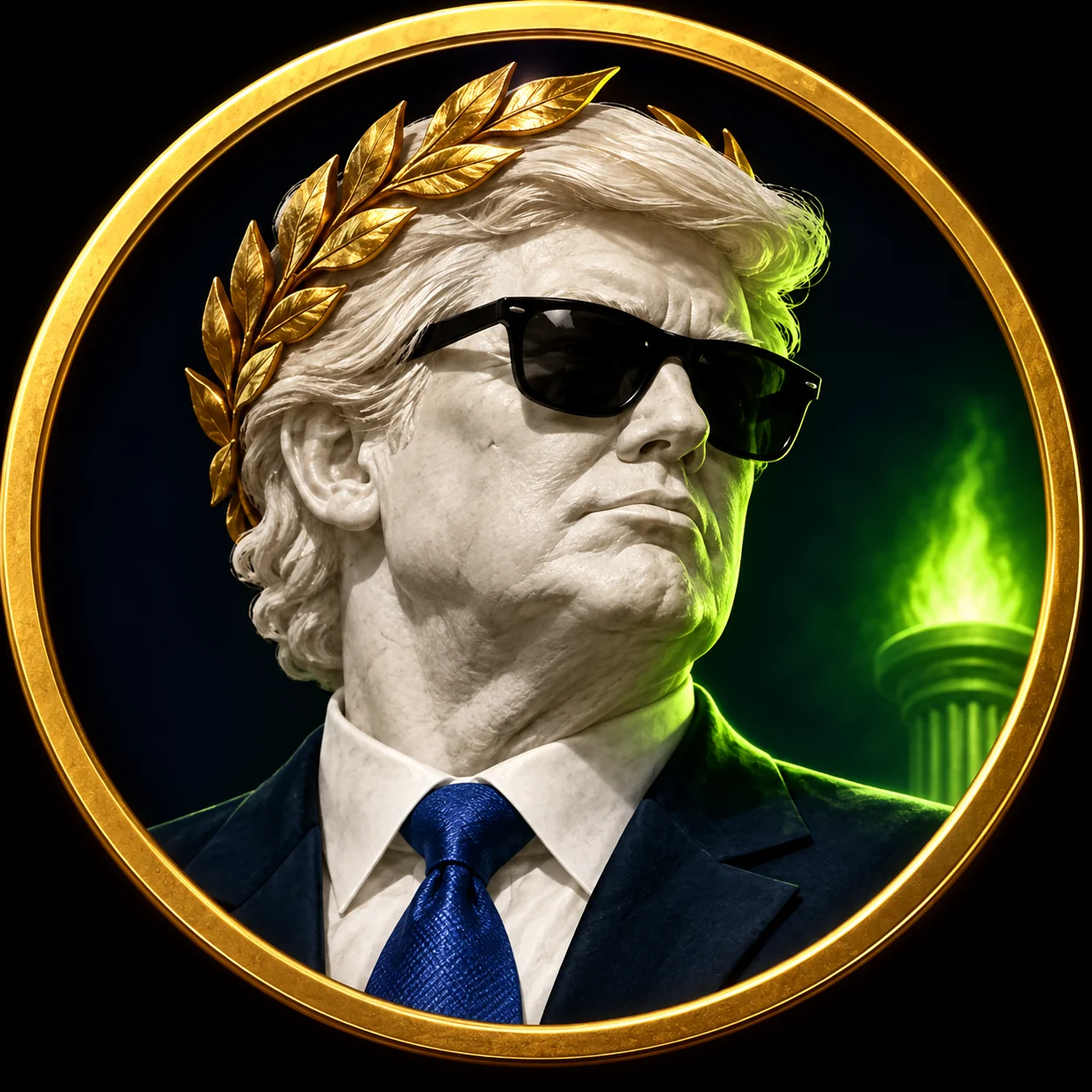 Bonald, a marble presidential bust in black sunglasses and a golden laurel wreath
